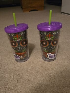Two Day of the Dead Sugar Skull Double-Wall Tumbler with Straw - Purple Lid